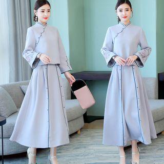 Long-sleeve Floral Embroidered Hanfu Top/ Midi A-line Skirt