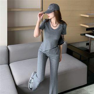 Set: Short-sleeve Asymmetrical T-shirt + Bootcut Pants