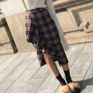 Crew-neck Long-sleeve Knit Top / Ruffle Trim Plaid Midi Skirt