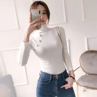 Turtle-neck Button-trim Ribbed Top