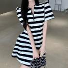 Short-sleeve Striped Zip Mini Dress Stripes - Black & White - One Size