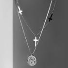 925 Sterling Silver Clover Pendant Cross Layered Choker Necklace S925 Silver - Necklace - One Size