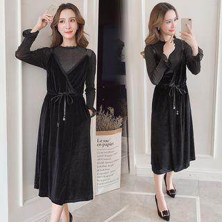 Set: Long-sleeve Mesh Top + Spaghetti-strap Velvet Dress