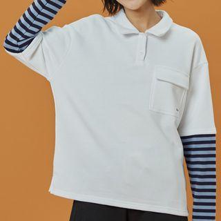 Mock Two-piece Long-sleeve Striped Panel Polo Shirt