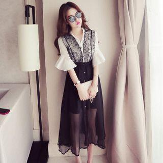 Mock Two Piece Lace Trim Elbow Sleeve Midi Dress