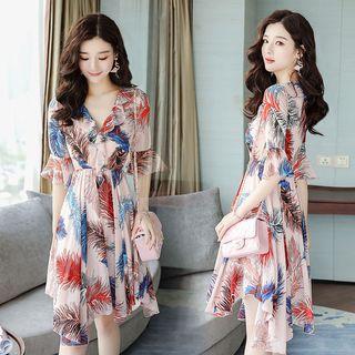 Feather Print V-neck Elbow-sleeve A-line Chiffon Dress