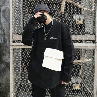 Contrast Pocket Lettering Long-sleeve Shirt