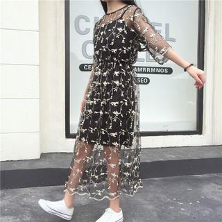 Set: Slipdress + Elbow-sleeve Embroidered Sheer Dress