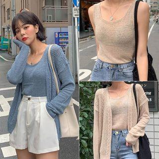 Set: Open-front Knit Cardigan + Sleeveless Top