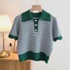 Short-sleeve Striped Knit Polo Shirt Green - One Size