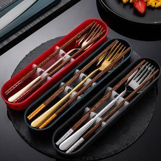 Set : Wooden Chopsticks + Stainless Steel Spoon + Fork + Pouch
