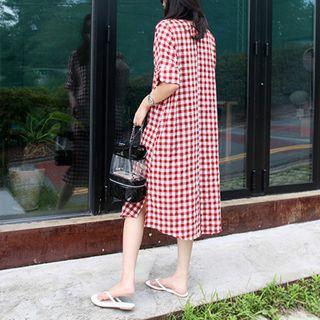 Round-neck Gingham Long Dress