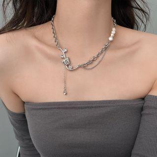 Rose Rhinestone Faux Pearl Alloy Choker Silver - One Size
