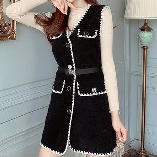 Set: Plain Long-sleeve Knit Top + Lace Trim Mini Jumper Dress