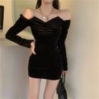 Cold-shoulder Velvet A-line Dress Black - One Size