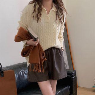 Polo Neck Cable Knit Sweater Almond - One Size