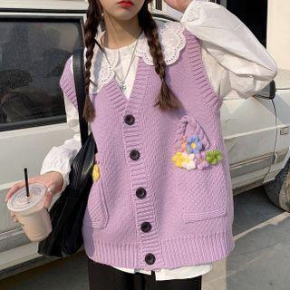 Flower Applique Single-breasted Sweater Vest