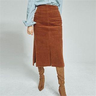 Deep-slit Corduroy Long Skirt