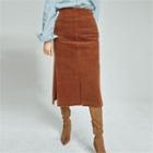 Deep-slit Corduroy Long Skirt