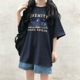 Bear Embroidered Lettering Elbow-sleeve T-shirt