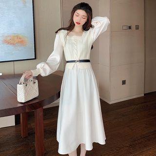 Mock Two-piece Long-sleeve Knit Panel Midi A-line Dress