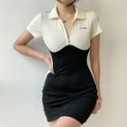 Short-sleeve Collar Zip-up Two-tone Mini Bodycon Dress