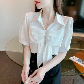 Puff-sleeve Shirred Bow Shirt