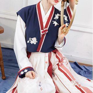 Set: Long-sleeve Hanfu Top + Crop Top + Maxi A-line Skirt