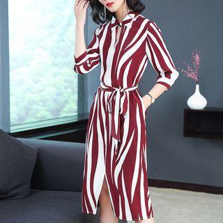 Elbow-sleeve Two-tone Midi Dress