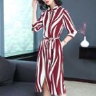 Elbow-sleeve Two-tone Midi Dress