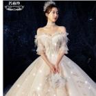 Off-shoulder Fringed A-line Wedding Gown