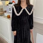 Long Sleeve Contrast Trim Velvet Dress Black - One Size