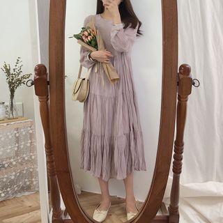 Long-sleeve Textured Chiffon Midi A-line Dress