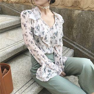 Floral Print Frilled Long-sleeve Chiffon Top