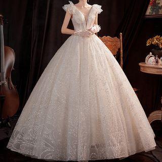Ruffle Trim Sequined Mesh Wedding Ball Gown