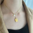 Faux Pearl Tag Pendant Stainless Steel Necklace E672 - Gold - One Size
