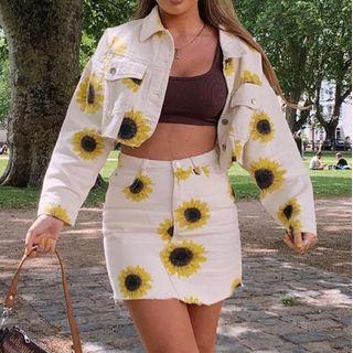Sunflower Print Denim Outer + Skirt Set