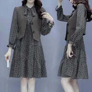 Set: Long-sleeve Bow Floral Dress + Single-breasted Plain Vest