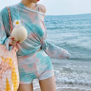 Set: Printed Bikini Top + Swim Shorts + Long Sleeve Printed Cover-up
