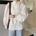 Set: Plain Long-sleeve Shirt + Crochet Knit Cropped Camisole Top