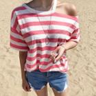 Asymmetric Slit-shoulder Striped T-shirt
