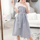 Mock Two-piece Short-sleeve Belted Midi A-line Dress
