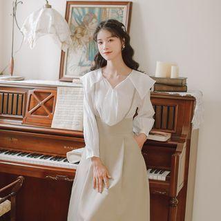 Set: Long-sleeve Wide Collar Blouse + Midi A-line Suspender Skirt