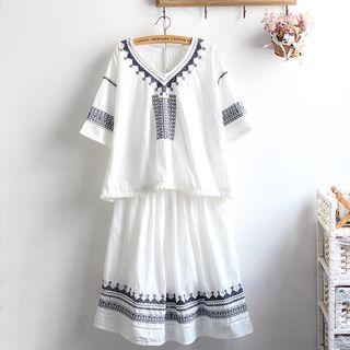 Set: Embroidered Elbow Sleeve Top + A-line Dress