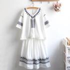 Set: Embroidered Elbow Sleeve Top + A-line Dress