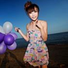 Set: Bow Print Bikini Top + Swimshorts + Cover-up Dress