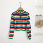 Mock Neck Rainbow Stripe Cropped Knit Top As Shown In Figure - One Size