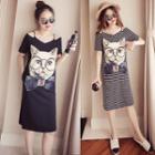 Cat Print Off Shoulder Short Sleeve T-shirt Dress