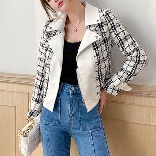 Long-sleeve Lapel Cropped Plaid Panel Jacket