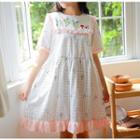 Flower Embroidered Plaid Collared Short Sleeve Dress